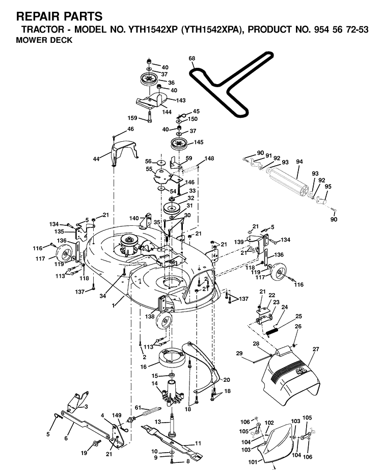 Mower Deck / Cutting Deck Diagram and Parts List for YTH1542XP (954567253)(2001-01) Husqvarna Lawn Tractor