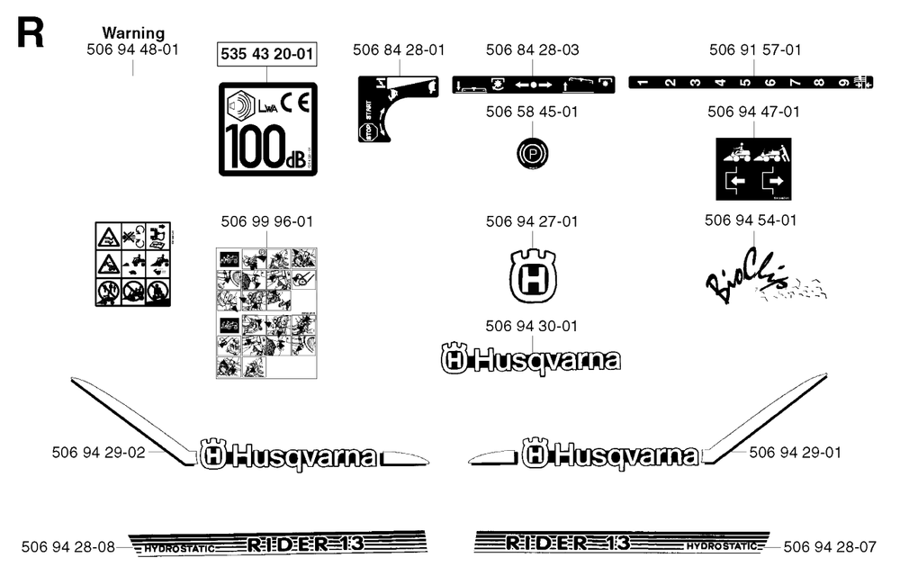 Decals Diagram and Parts List for R13BIO 2002-02 Husqvarna Lawn Tractor