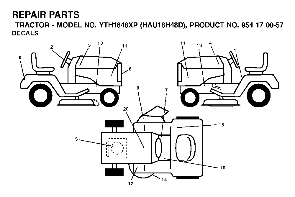 Decals Diagram and Parts List for YTH1848XP (HAU18H48D, 954170057)(2003-01) Husqvarna Lawn Tractor