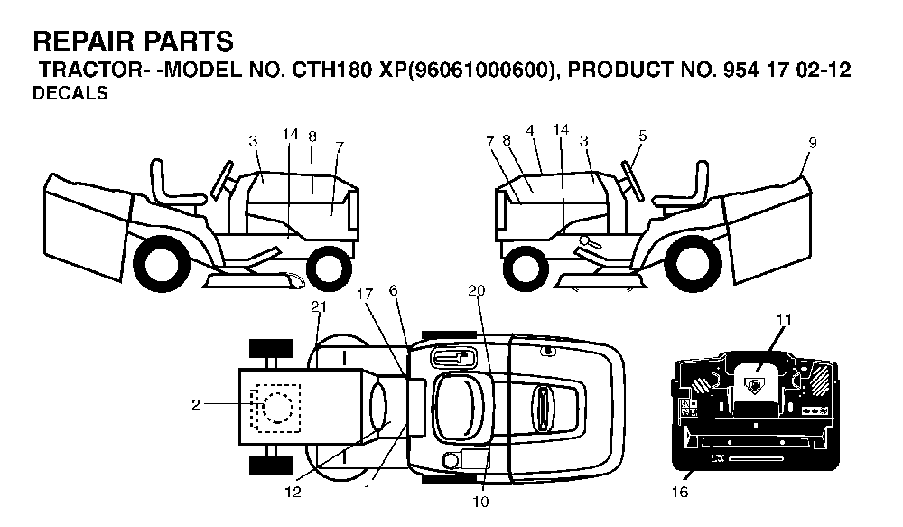 Decals Diagram and Parts List for CTH180XP (96061000600,954170212)(2005-01) Husqvarna Lawn Tractor