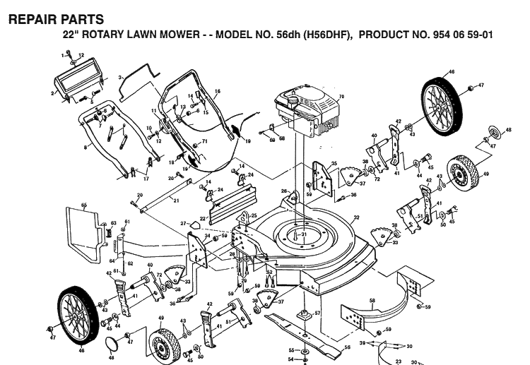 Product Complete Diagram and Parts List for 56DH (H56DHF)(1994-01) Husqvarna Lawn Mower