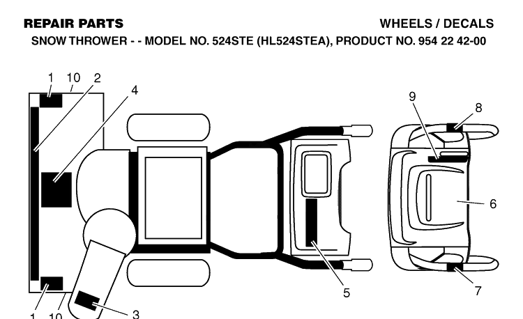 Decals Diagram and Parts List for 524STE (HL524STEA)(2004-08) Husqvarna Snow Blower
