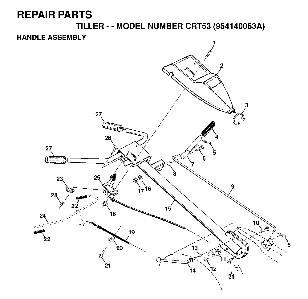 Handle And Controls Diagram and Parts List for CRT53 (954140063A)(1998-02) Husqvarna Tiller