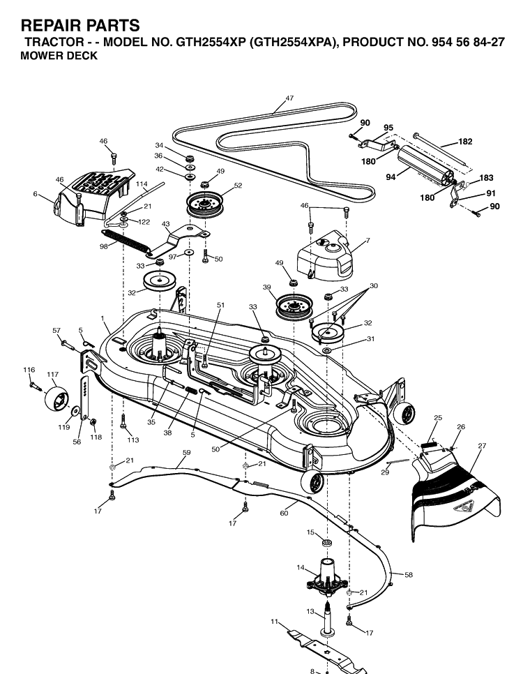 Mower Deck / Cutting Deck Diagram and Parts List for GTH2554XP-GTH2554XPA 2004-08 Husqvarna Lawn Tractor