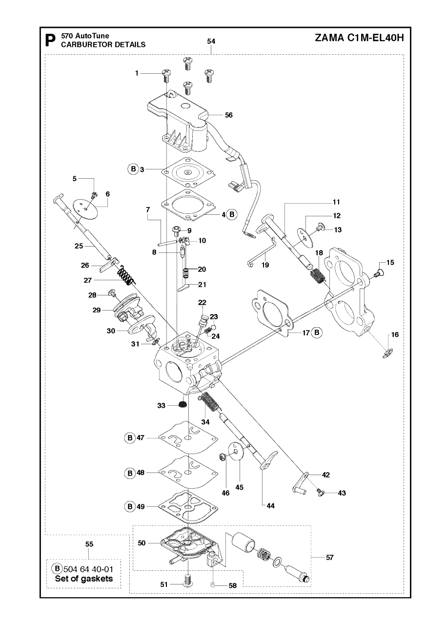 Carburetor Details Diagram and Parts List for 570AUTOTUNE 20104500001 - 20130900000 Husqvarna Chainsaw