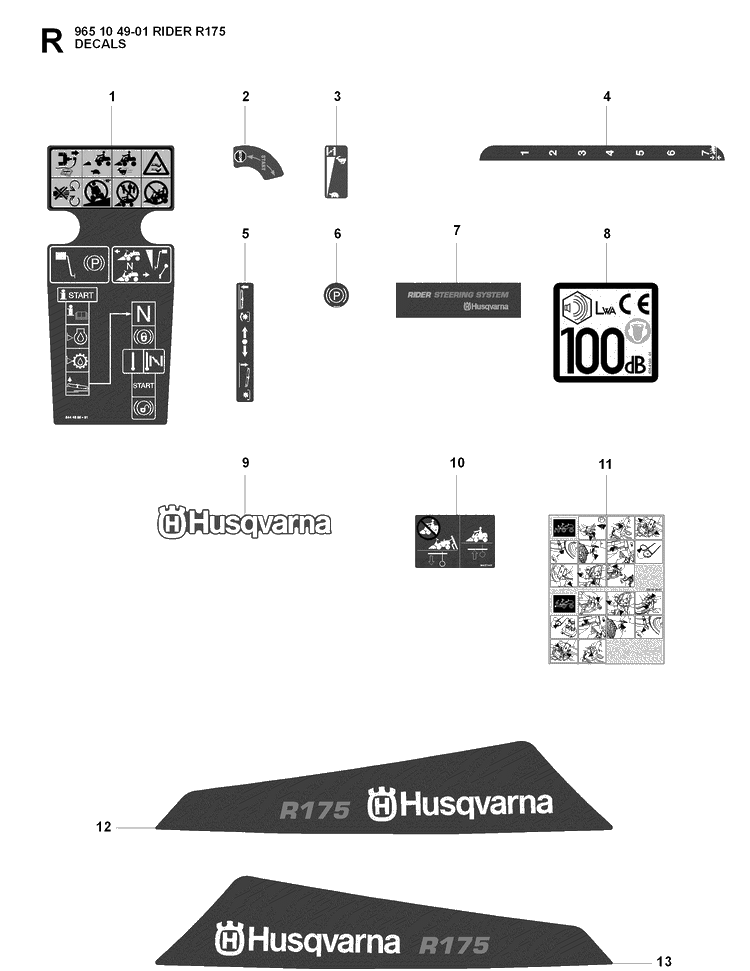 Decals Diagram and Parts List for RIDER175 (965104901)(2007-01) Husqvarna Lawn Mower