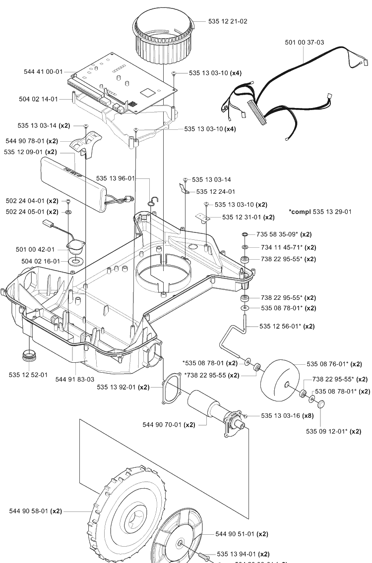 Battery / Lower Chassis / Wheels Diagram and Parts List for 230ACX 2007-07 Husqvarna Lawn Mower