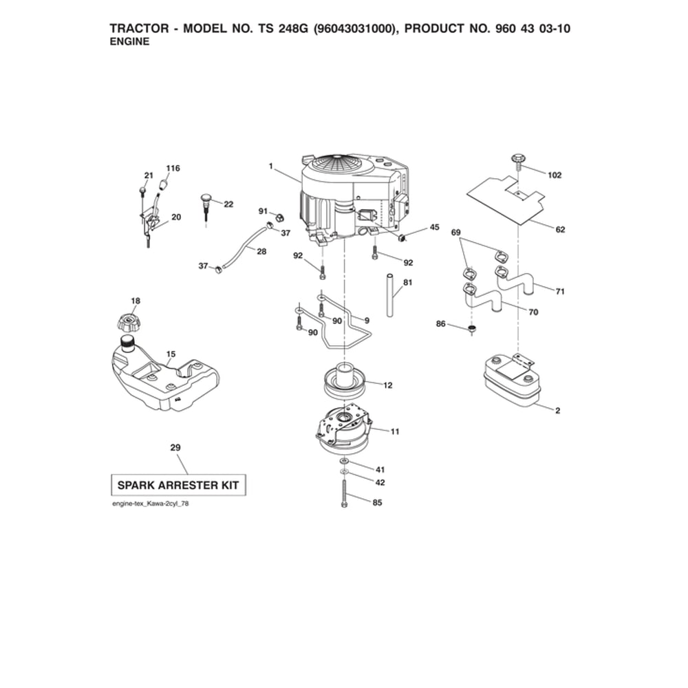 Engine Diagram and Parts List for 96043031000  Husqvarna Lawn Tractor
