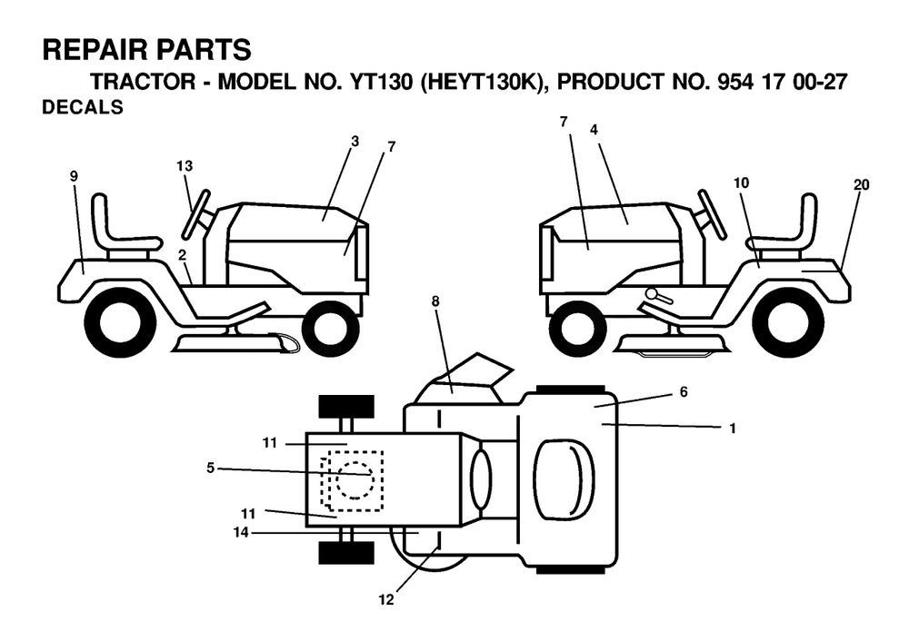 Decals Diagram and Parts List for YT130 (954170027-K)(2000-03) Husqvarna Lawn Tractor