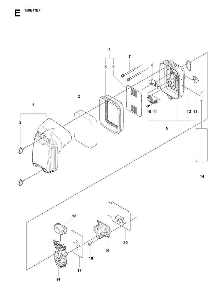 Carburetor And Air Filter Diagram and Parts List for 150BT 20094000001-Current Husqvarna Leaf Blower / Vacuum
