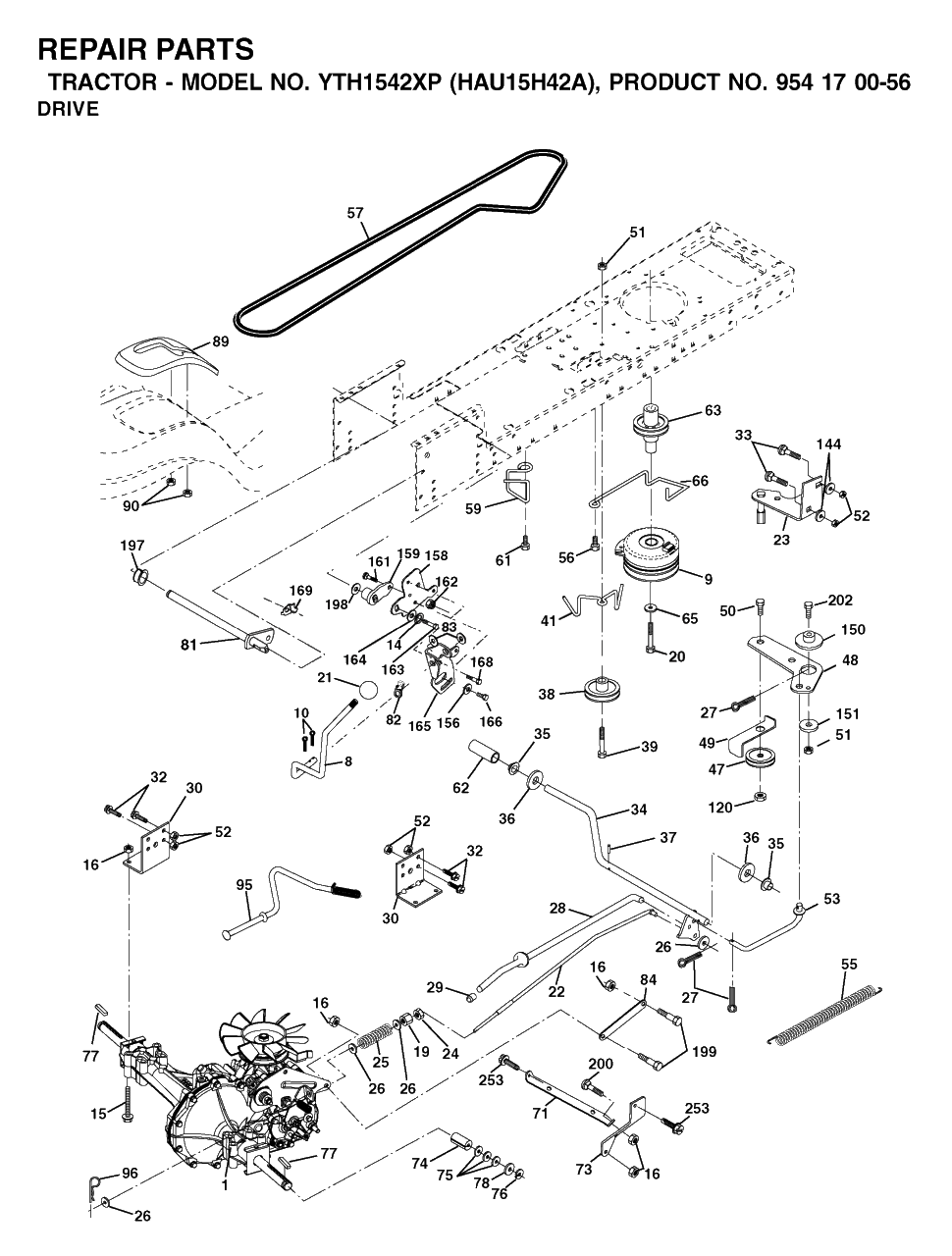 Drive Diagram and Parts List for YTH1542XP (954170056-A)(2003-01) Husqvarna Lawn Tractor