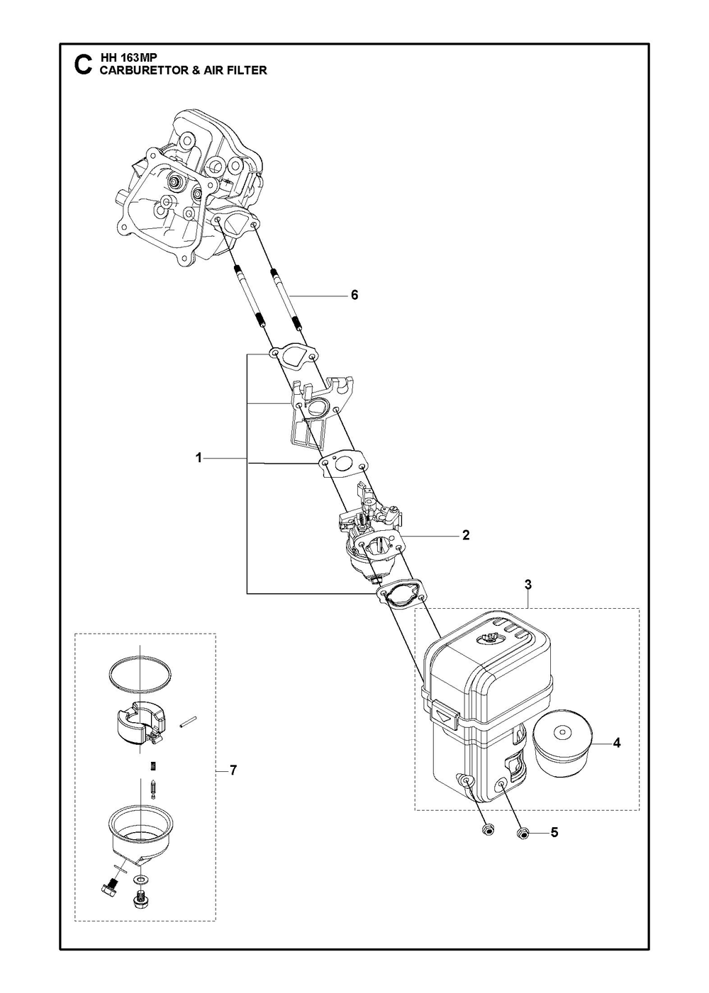 Carburetor And Air Filter Diagram and Parts List for HH163MP  Husqvarna Engine