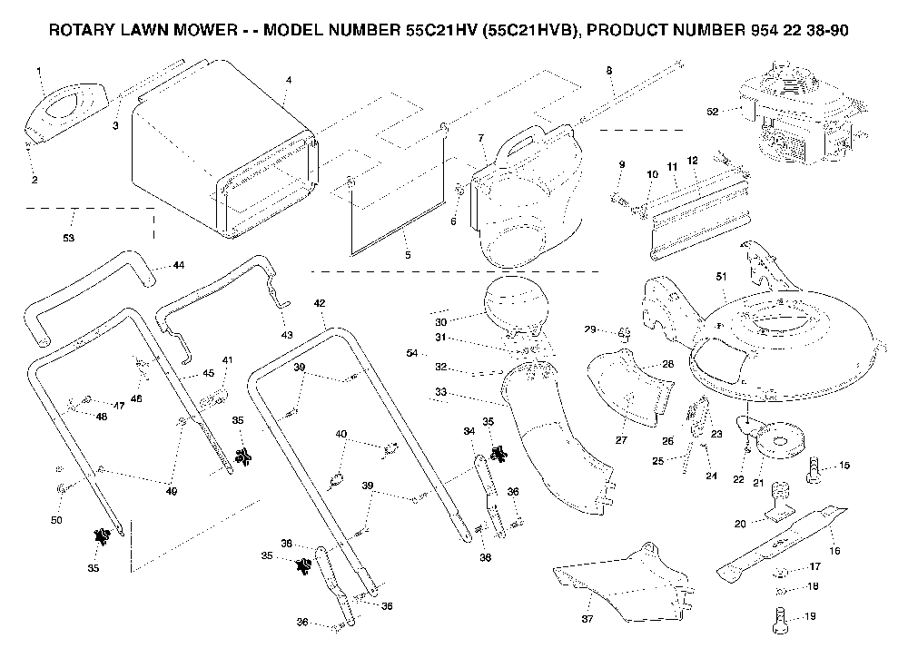 Repair Parts Diagram and Parts List for 55C21HVB (954223890, 532188294)(2004-01) Husqvarna Lawn Mower