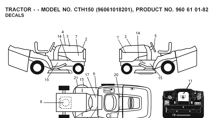 Decals Diagram and Parts List for CTH150 (96061018201)(2007-05) Husqvarna Lawn Tractor
