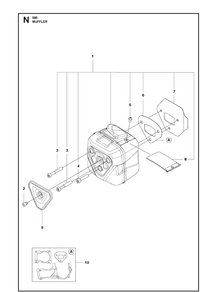 Muffler Diagram and Parts List for 585  Husqvarna Chainsaw