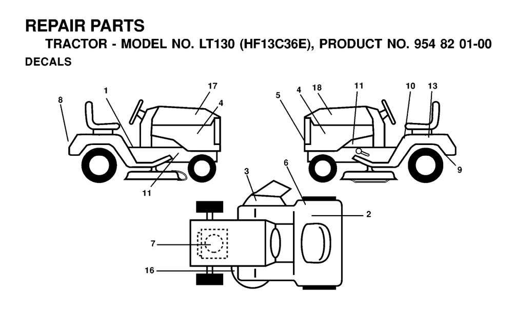 Decals Diagram and Parts List for LT130 (954820100-E)(2000-02) Husqvarna Lawn Tractor