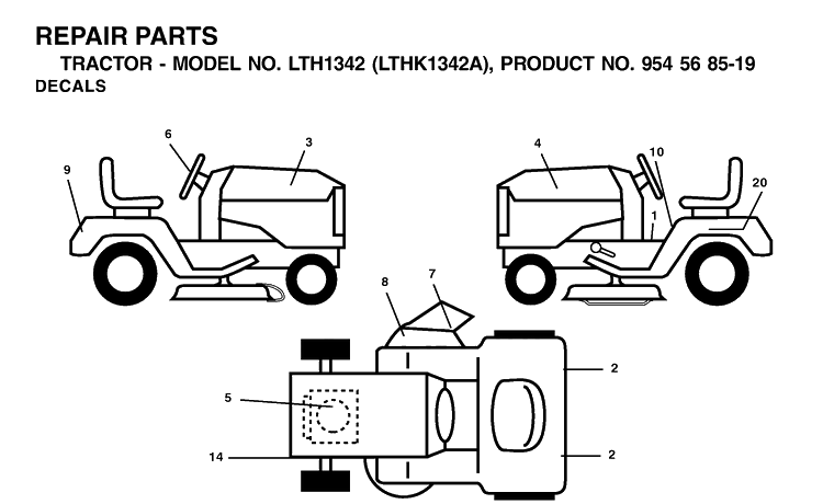 Decals Diagram and Parts List for LTH1342-LTHK1342A 2002-01 Husqvarna Lawn Tractor