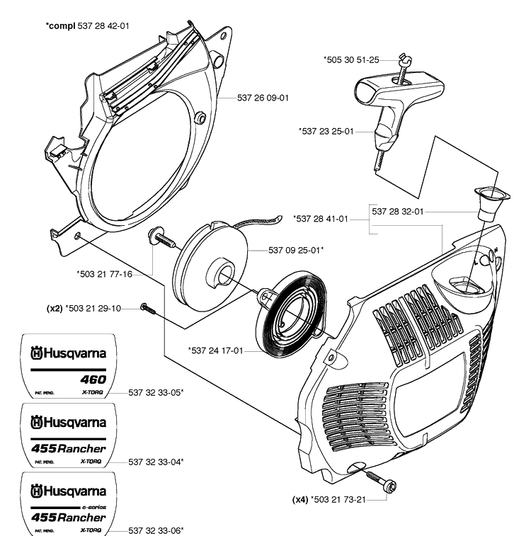 Starter Diagram and Parts List for 455E (Rancher)(2006-06) Husqvarna Chainsaw