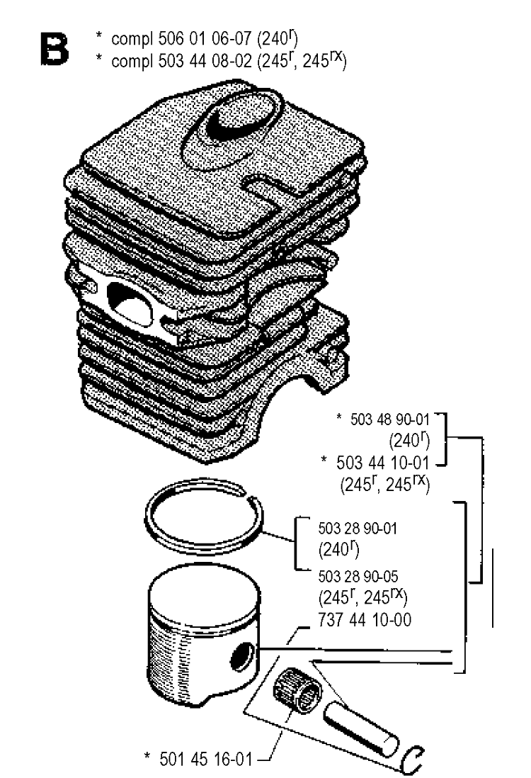 Cylinder Piston Diagram and Parts List for 245R 19900100001-19941400000 Husqvarna Brush Cutter