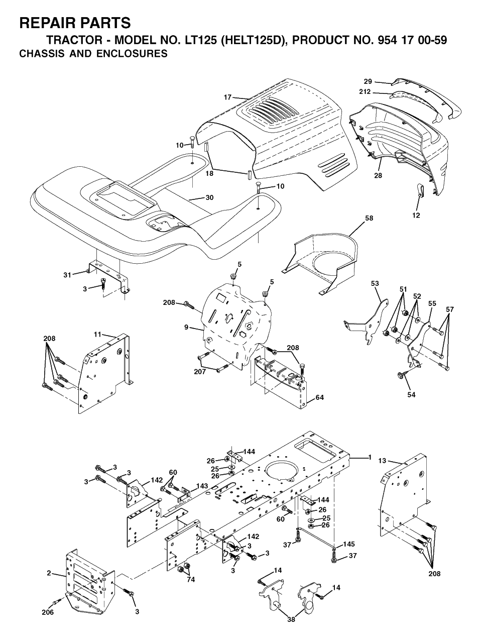 Chassis And Enclosures Diagram and Parts List for LT125 (954170059-D)(2002-06) Husqvarna Lawn Tractor