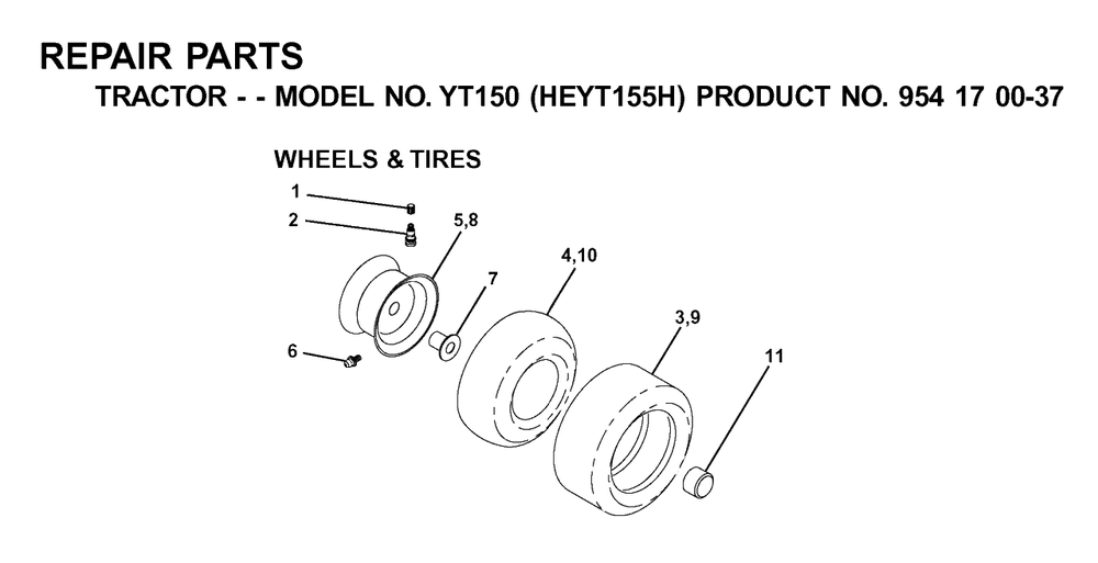 Wheels And Tires Diagram and Parts List for YT150 (954170037-H)(2001-09) Husqvarna Lawn Tractor