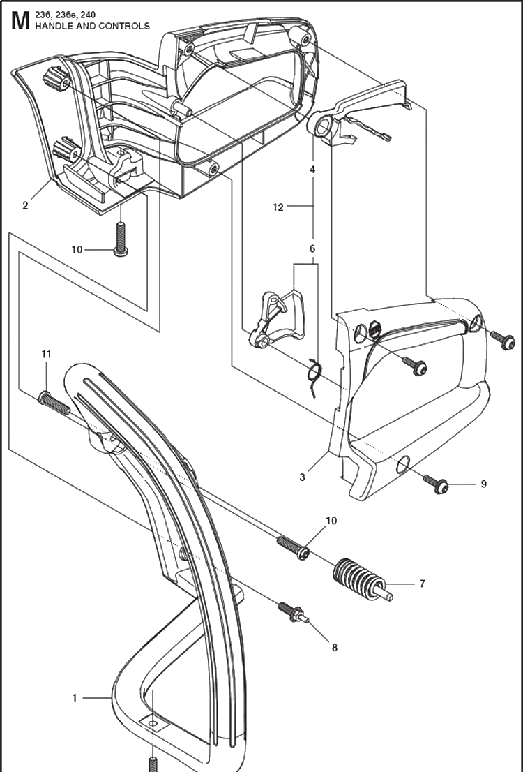 Handle And Controls Diagram and Parts List for 236  Husqvarna Chainsaw