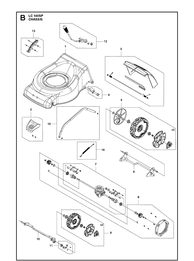 Chassis Diagram and Parts List for LC140SP 970488201 Husqvarna Lawn Mower