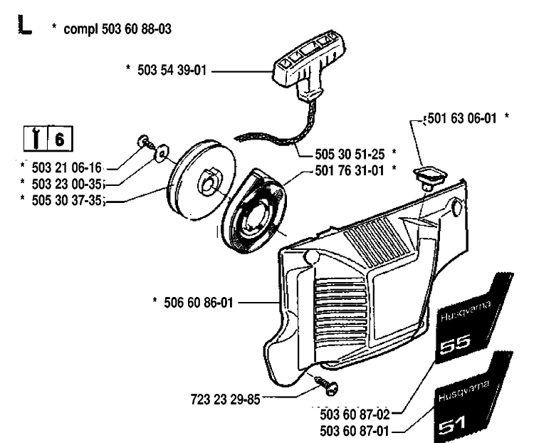 Starter Diagram and Parts List for 55 19914000001-19942300000 Husqvarna Chainsaw