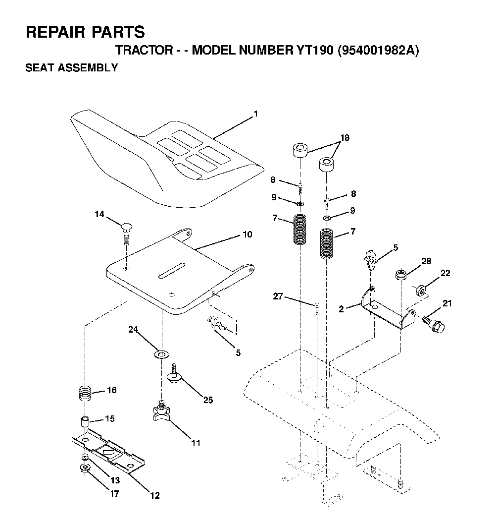 Seat Diagram and Parts List for YT190 (954001982A)(1995-03) Husqvarna Lawn Tractor