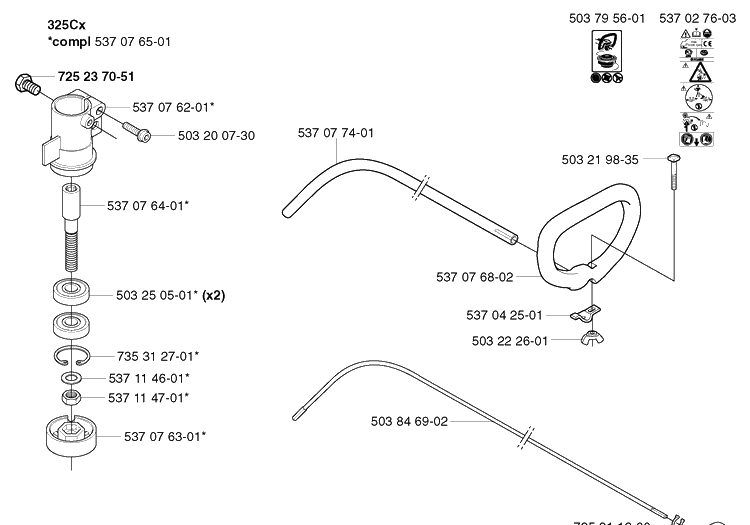 Bevel Gear And Shaft Diagram and Parts List for 325RDX 20020100001-20051800000 Husqvarna Brush Cutter
