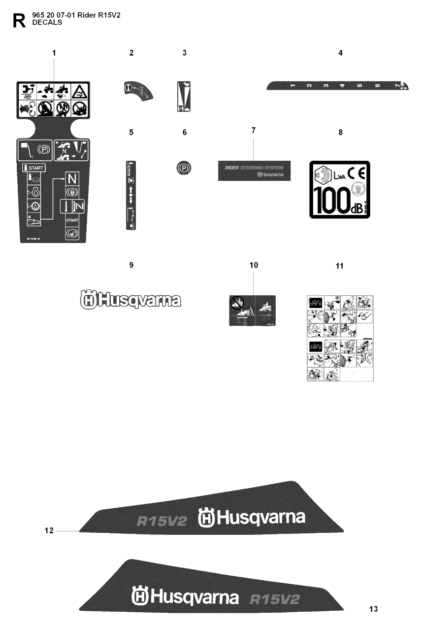Decals Diagram and Parts List for R15-V2 (965200701)(2008-01) Husqvarna Lawn Tractor
