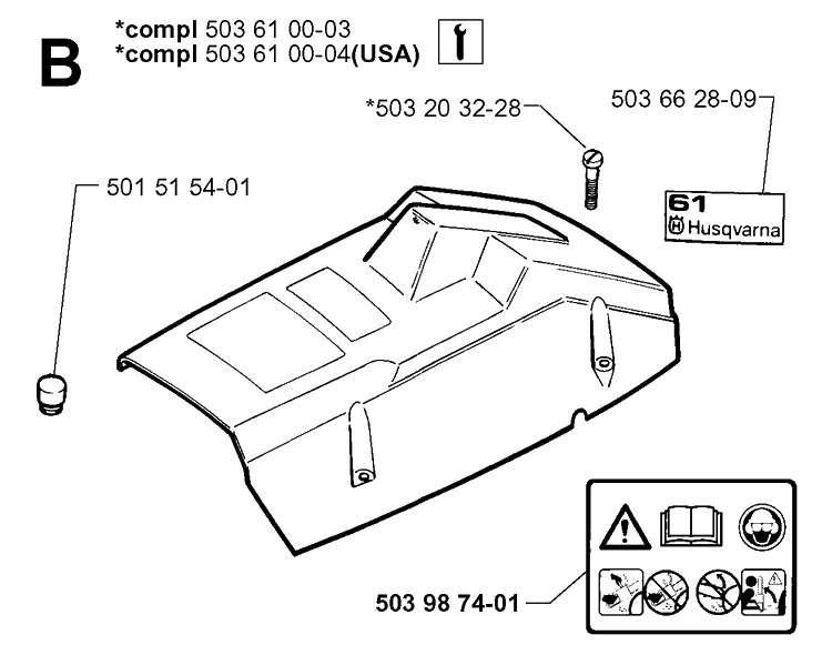 Cover Diagram and Parts List for 61 19993100001-20014000000 Husqvarna Chainsaw