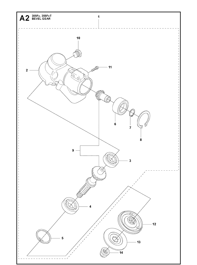 Bevel Gear Diagram and Parts List for 355FXT  Husqvarna Brush Cutter