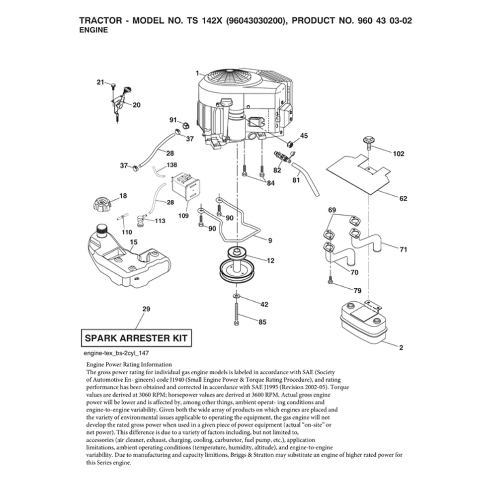 Engine Parts Diagram and Parts List for 96043030200  Husqvarna Lawn Tractor