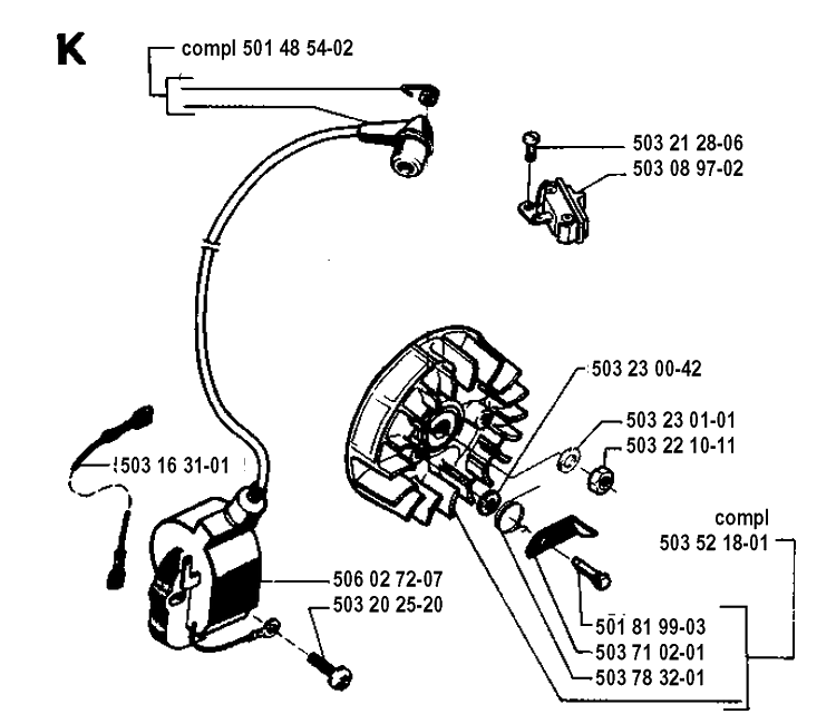 Ignition System Diagram and Parts List for 51 19942300001-19982300000 Husqvarna Chainsaw