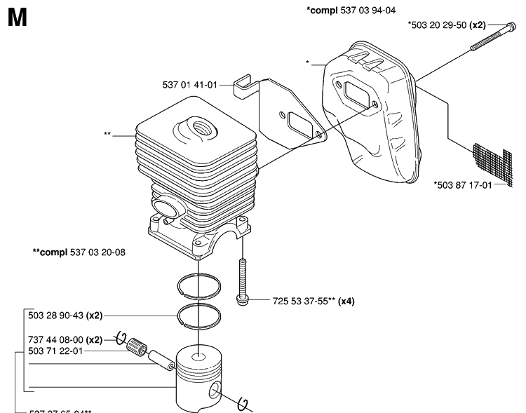 Cylinder, Piston And Muffler Diagram and Parts List for 323HE3 20053600001-20054000000 Husqvarna Hedge Trimmer