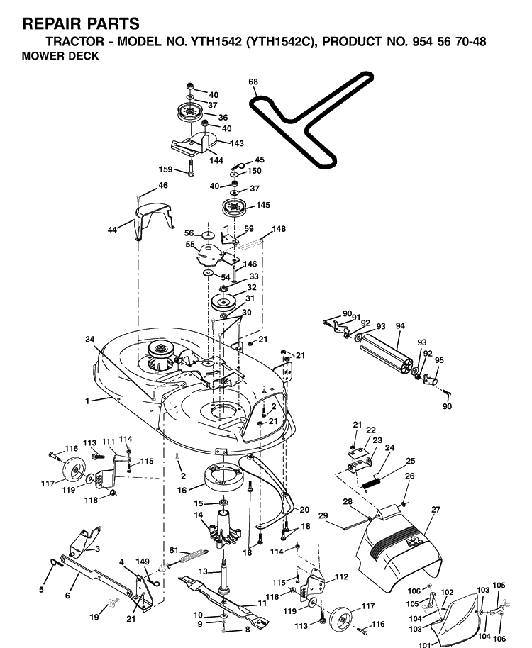 Mower Deck / Cutting Deck Diagram and Parts List for YTH1542 (954567048)(2001-04) Husqvarna Lawn Tractor
