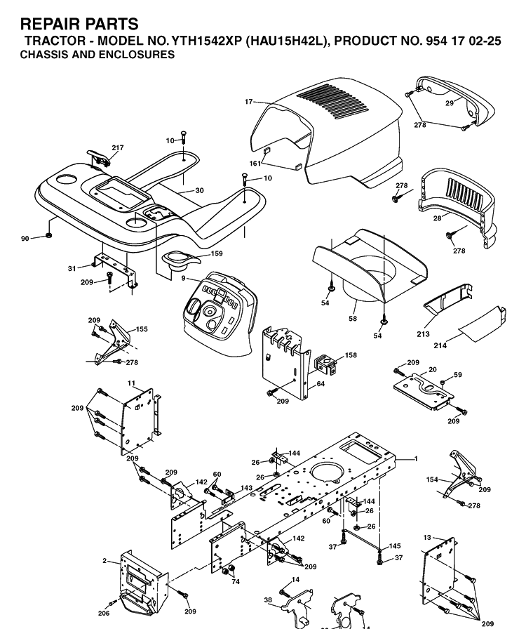Chassis And Enclosures Diagram and Parts List for YTH1542XP (HAU15H42L)(2005-05) Husqvarna Lawn Tractor