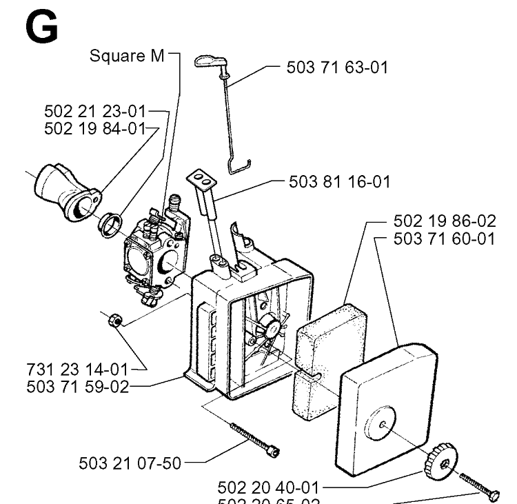 Carburetor And Air Filter Diagram and Parts List for 225HBV 19970500001-20000100000 Husqvarna Leaf Blower / Vacuum