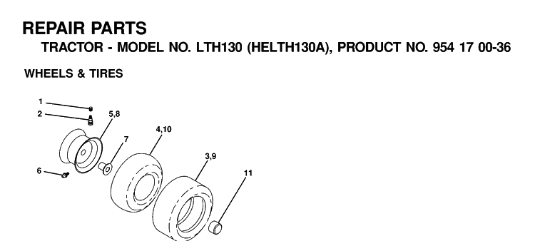 Wheels And Tires Diagram and Parts List for LTH130 (HELTH130A)(2001-01) Husqvarna Lawn Tractor