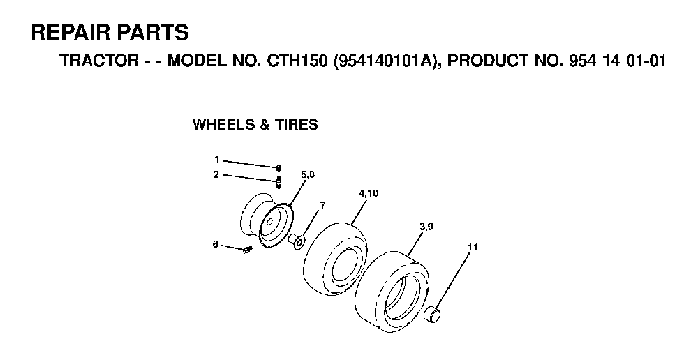 Wheels And Tires Diagram and Parts List for CTH150 (954140101A)(1999-10) Husqvarna Lawn Tractor