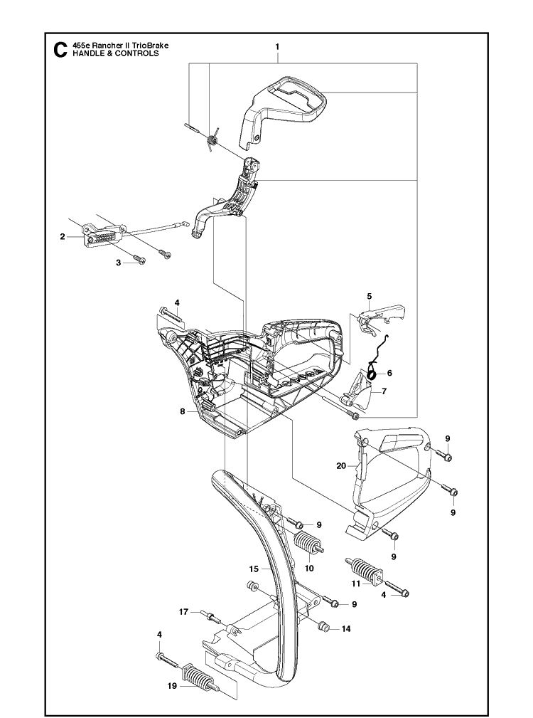 Handle And Controls Diagram and Parts List for 455 (RANCHER II-TRIOBRAKE)(2012-10) Husqvarna Chainsaw