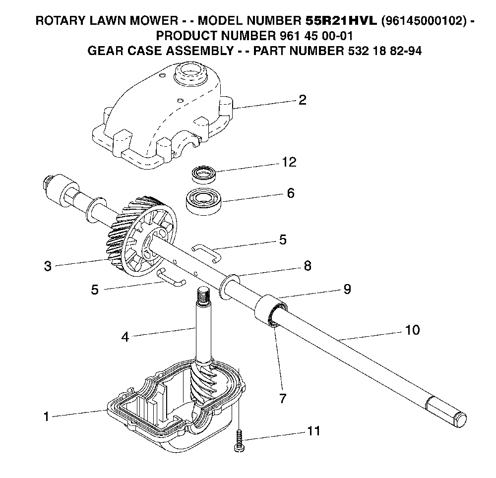 Gear Case Diagram and Parts List for 55R21HVL (961450001, 532188294)(2004-12) Husqvarna Lawn Mower