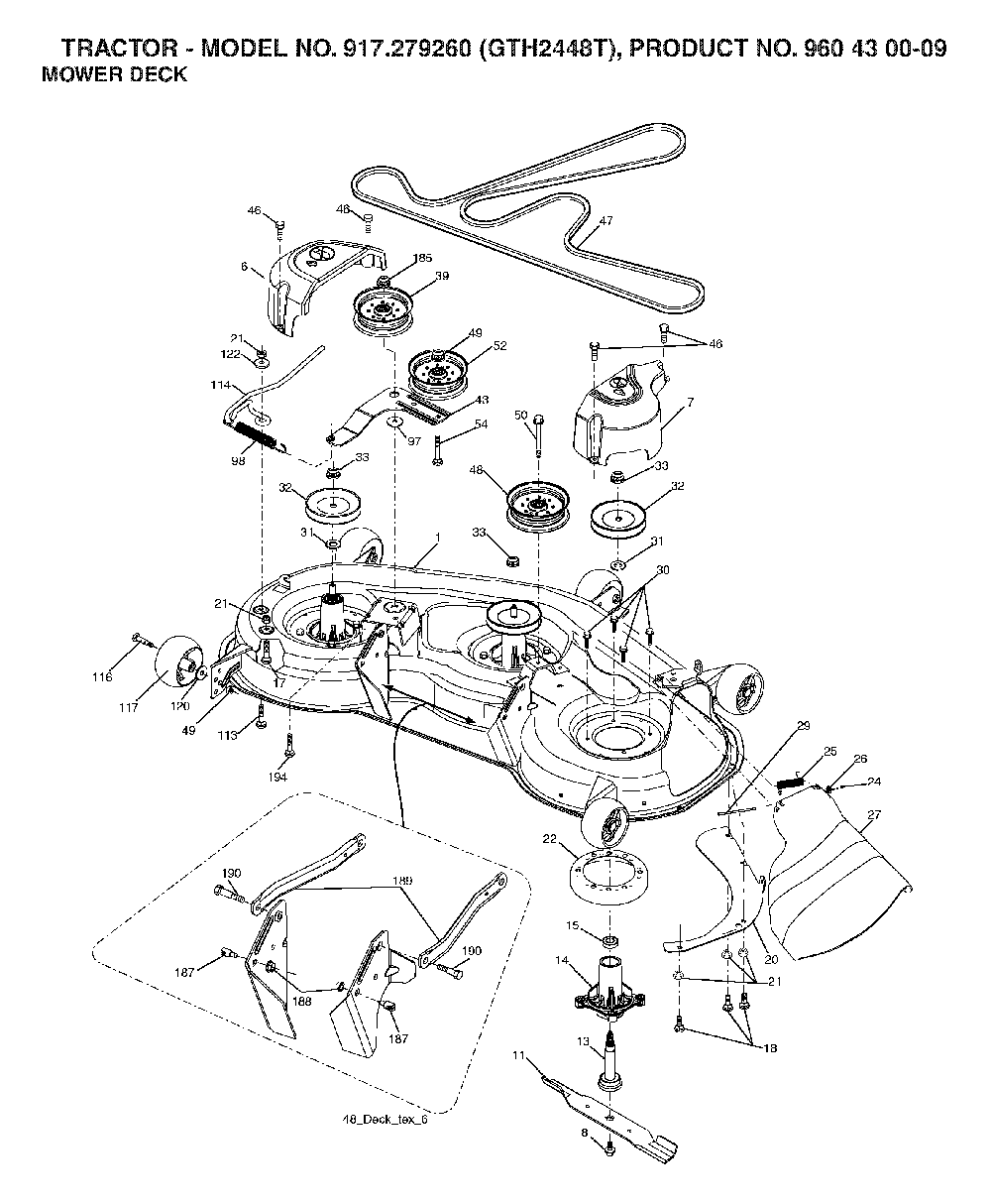 Mower Deck / Cutting Deck Diagram and Parts List for GTH2448T (917279260, 960430009)(2006-02) Husqvarna Lawn Tractor