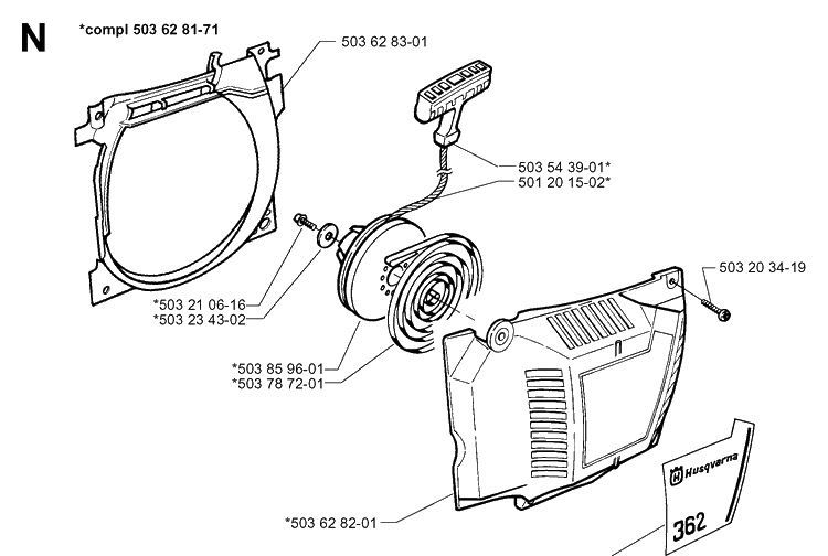 Starter Diagram and Parts List for 362XP 19983100001-19991800000 Husqvarna Chainsaw