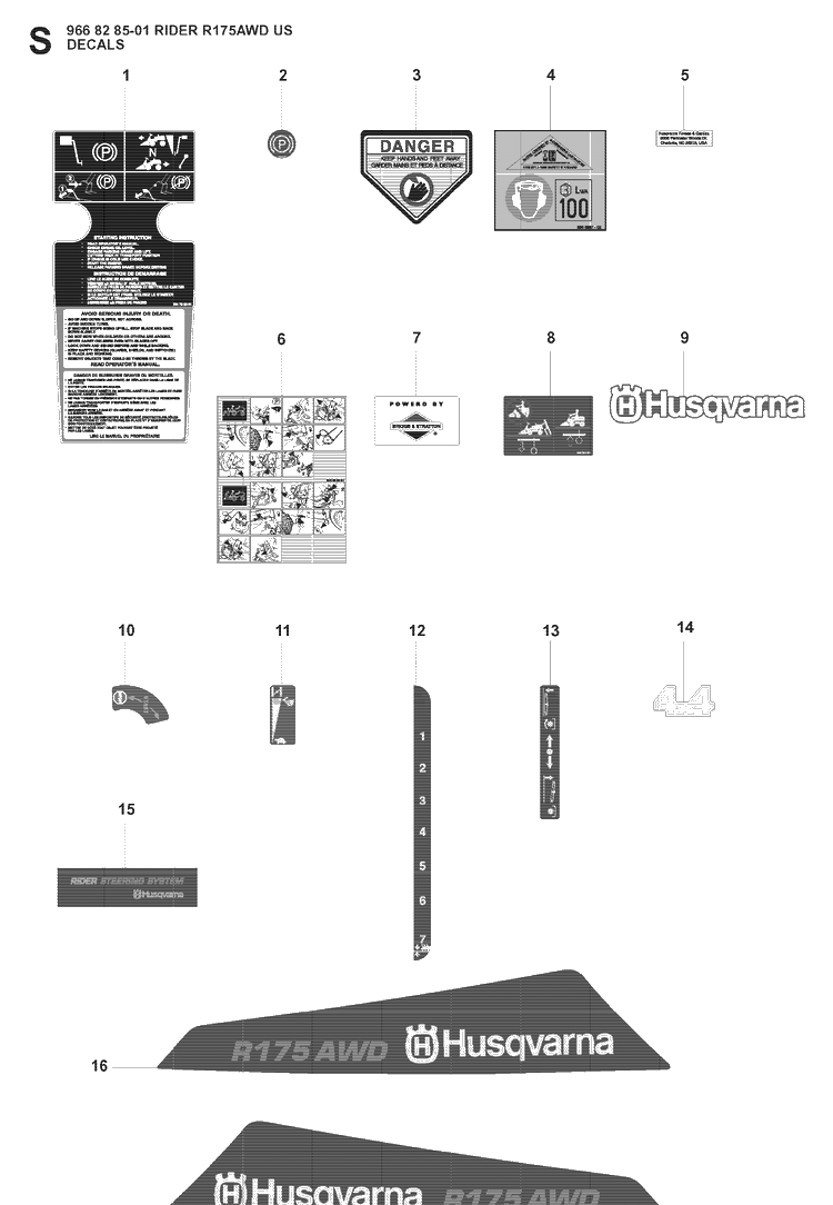 Decals Diagram and Parts List for RIDER175 (966828501)(2008-05) Husqvarna Lawn Mower