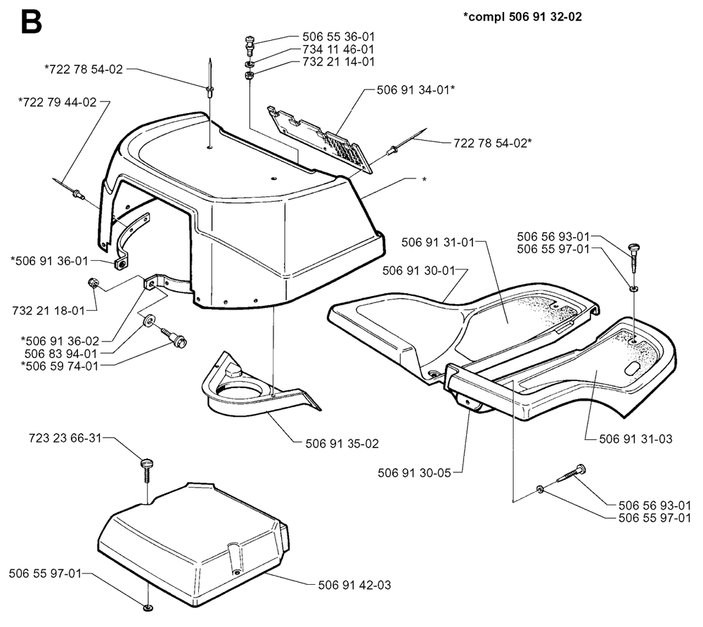 Hood Diagram and Parts List for R850HST 1997-03 Husqvarna Lawn Tractor