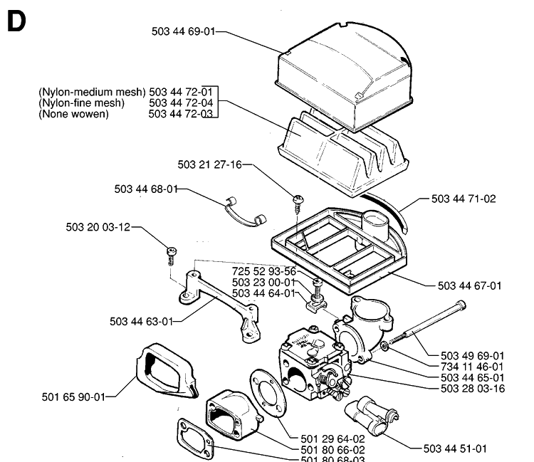 Carburetor And Air Filter Diagram and Parts List for 268 19970100001-19994500000 Husqvarna Chainsaw