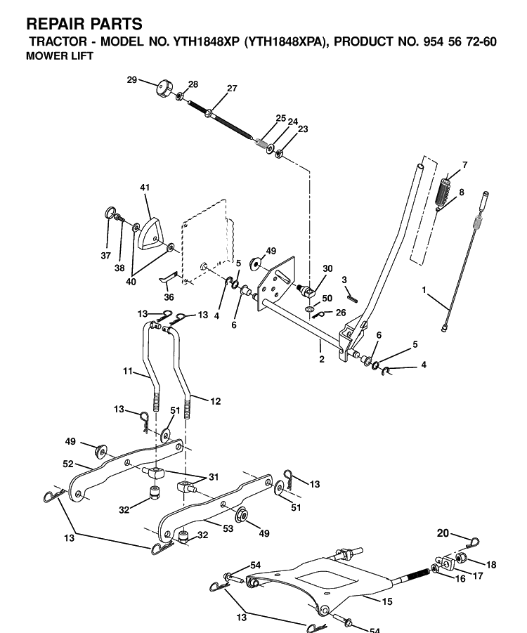 Mower Lift / Deck Lift Diagram and Parts List for YTH1848XP (954567260)(2001-02) Husqvarna Lawn Tractor