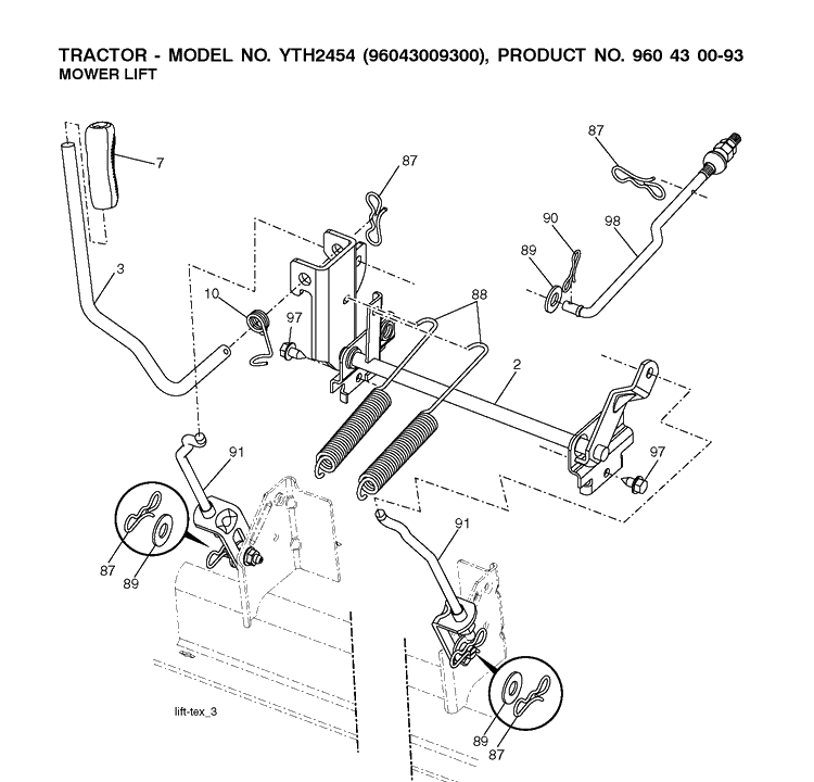 Mower Lift / Deck Lift Diagram and Parts List for YTH2454 (96043009300)(2009-10) Husqvarna Lawn Tractor